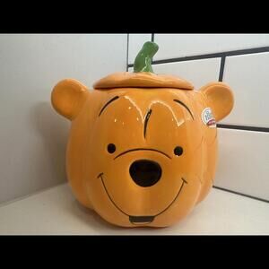New Disney Winnie The Pooh Orange Pumpkin Shaped Ceramic Cookie Jar or Canister
